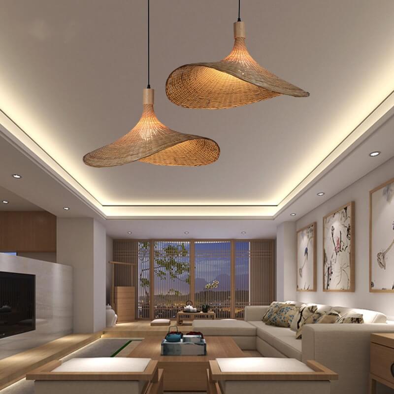 Bamboo Woven Straw Hat Pendant Light with Single Bulb