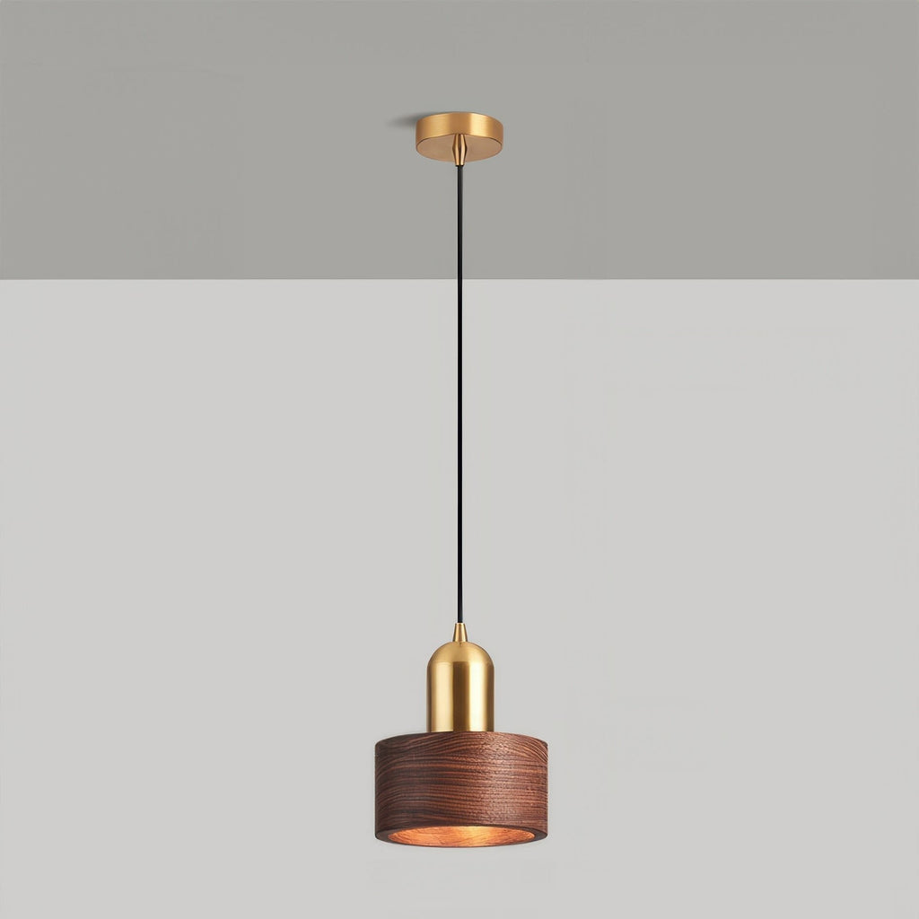 Bamboo Cylinder Pendant Light | Walnut & Brass, Adjustable Height