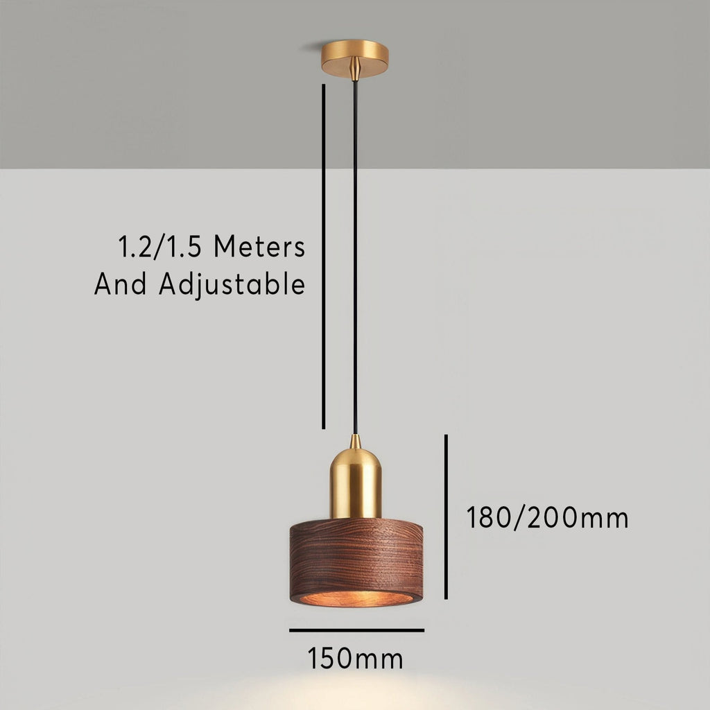 Bamboo Cylinder Pendant Light | Walnut & Brass, Adjustable Height