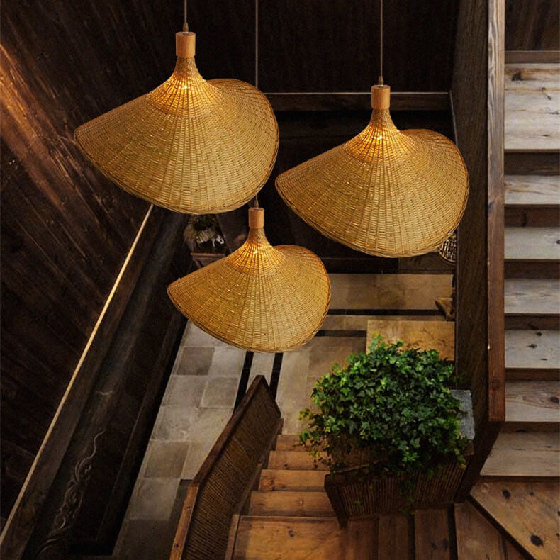 Bamboo Woven Straw Hat Pendant Light with Single Bulb