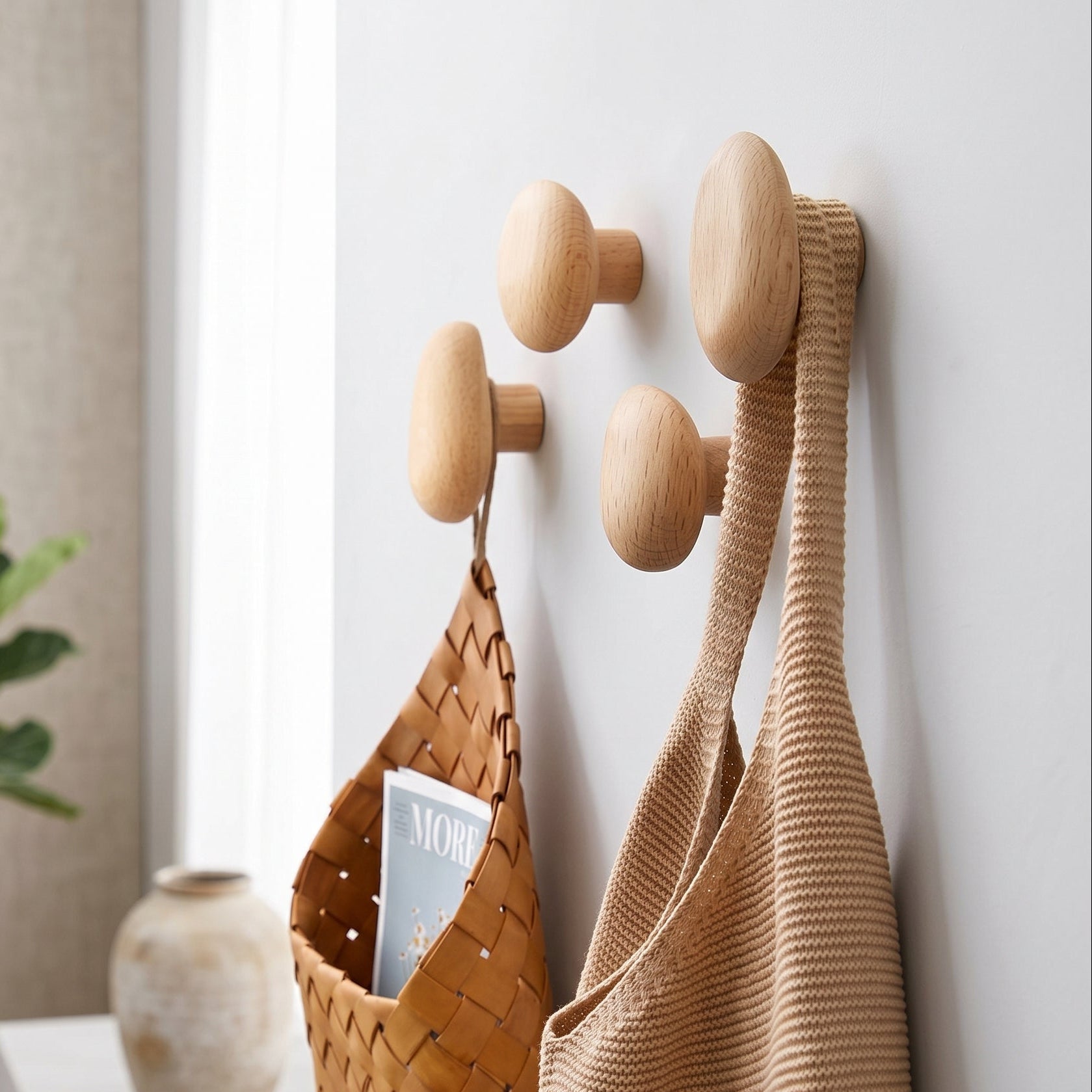 Wall Hooks Wood Pebble Shape Wall Mounted Set of 4