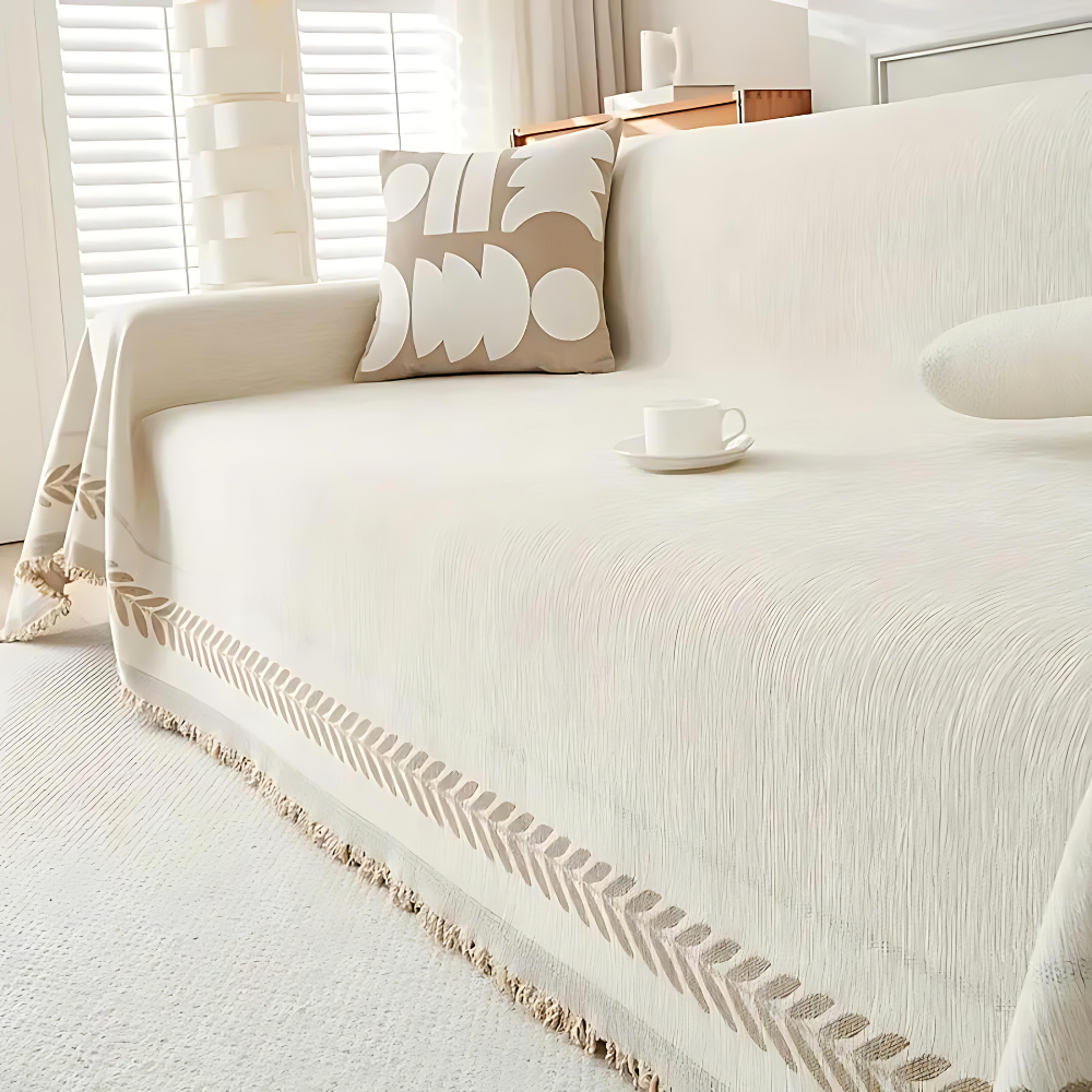 OasisTranquility: Sofa Cover Made of Chenille Cotton with Jacquard Pattern & Rustic Fringes – for Sofa & Living Room