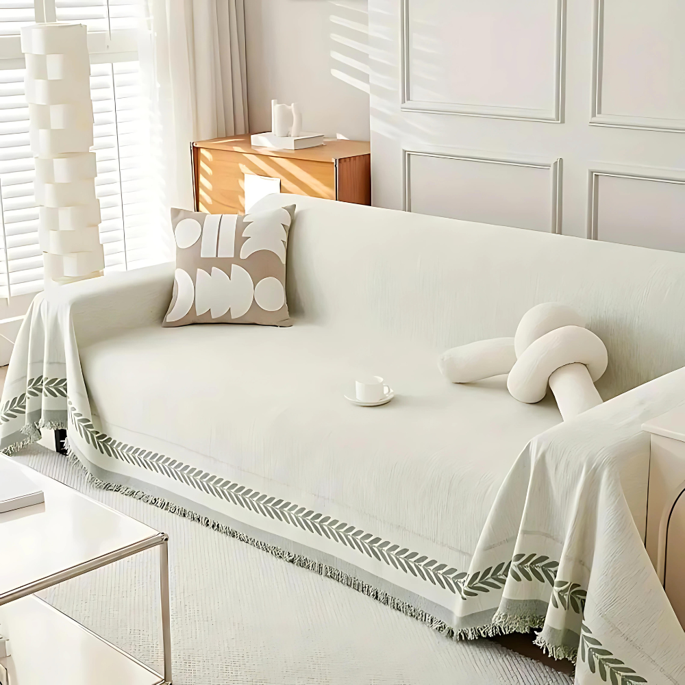 OasisTranquility: Sofa Cover Made of Chenille Cotton with Jacquard Pattern & Rustic Fringes – for Sofa & Living Room