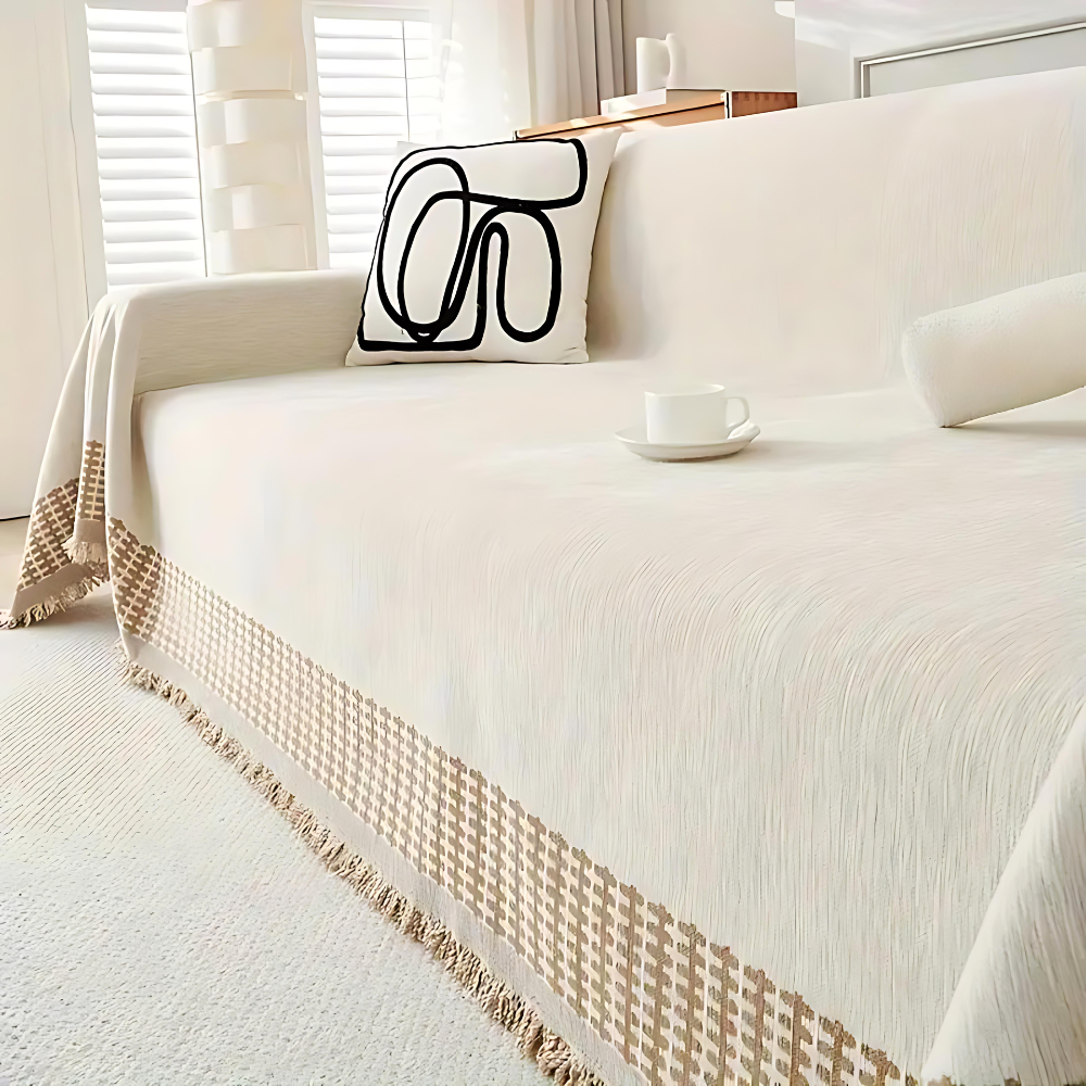 OasisTranquility: Sofa Cover Made of Chenille Cotton with Jacquard Pattern & Rustic Fringes – for Sofa & Living Room