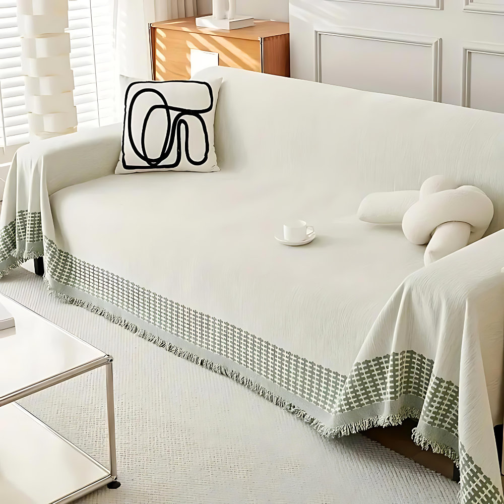 OasisTranquility: Sofa Cover Made of Chenille Cotton with Jacquard Pattern & Rustic Fringes – for Sofa & Living Room