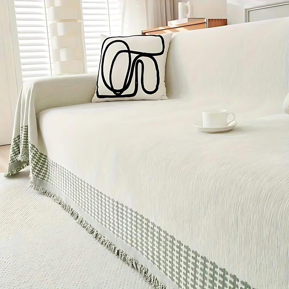 OasisTranquility: Sofa Cover Made of Chenille Cotton with Jacquard Pattern & Rustic Fringes – for Sofa & Living Room