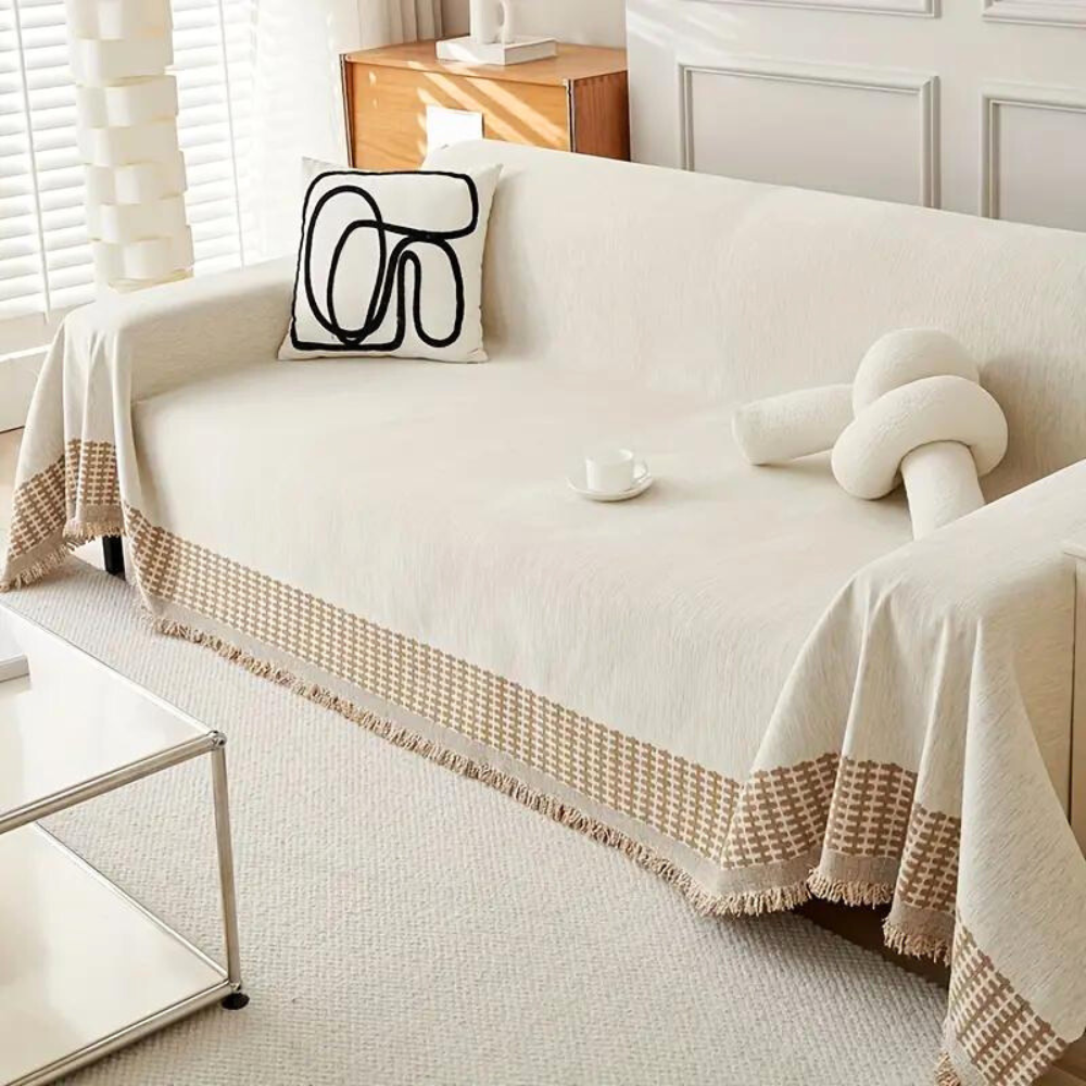 OasisTranquility: Sofa Cover Made of Chenille Cotton with Jacquard Pattern & Rustic Fringes – for Sofa & Living Room