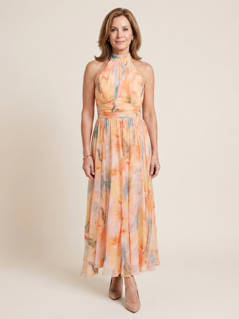 Elegant Floral Maxi Dress for Women Halter High-Neck Gathered-Waist