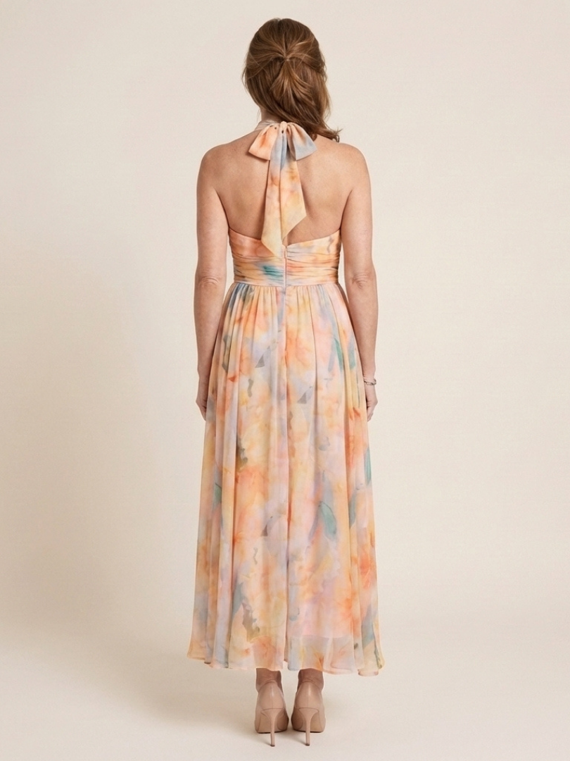 Elegant Floral Maxi Dress for Women Halter High-Neck Gathered-Waist