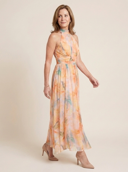 Elegant Floral Maxi Dress for Women Halter High-Neck Gathered-Waist