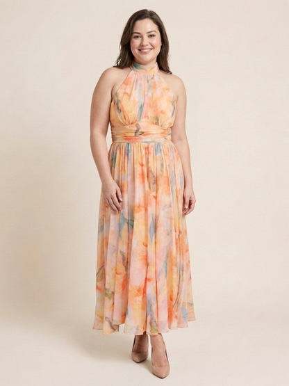 Elegant Floral Maxi Dress for Women Halter High-Neck Gathered-Waist