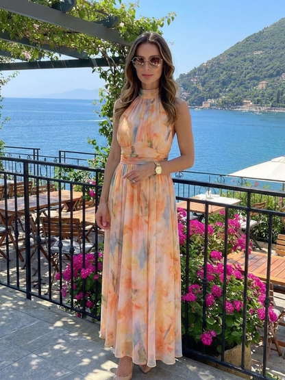 Elegant Floral Maxi Dress for Women Halter High-Neck Gathered-Waist