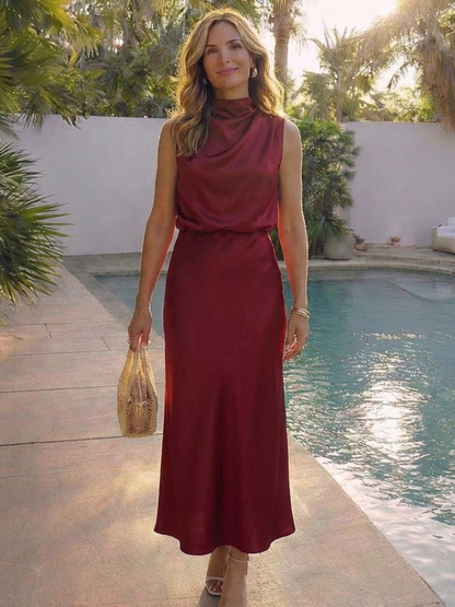 Elegant Satin High Neck Maxi Dress for Women