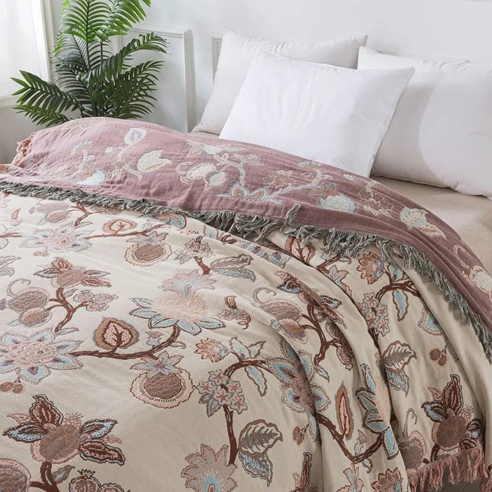 Orchid Path: Elegant Cotton Blanket with Jacquard Floral Pattern & Fringes – for Bedroom & Living Room