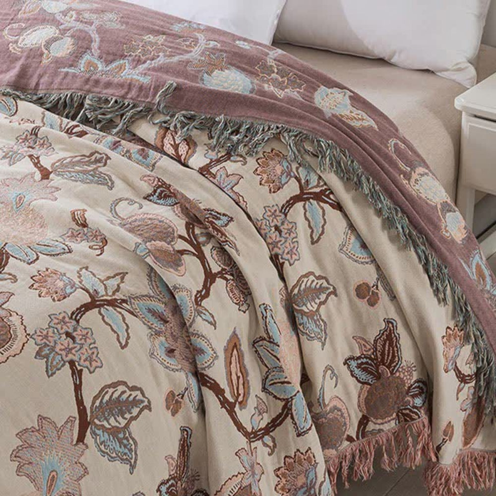Orchid Path: Elegant Cotton Blanket with Jacquard Floral Pattern & Fringes – for Bedroom & Living Room
