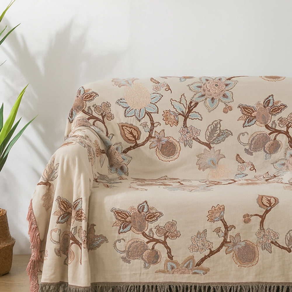 Orchid Path: Elegant Cotton Blanket with Jacquard Floral Pattern & Fringes – for Bedroom & Living Room