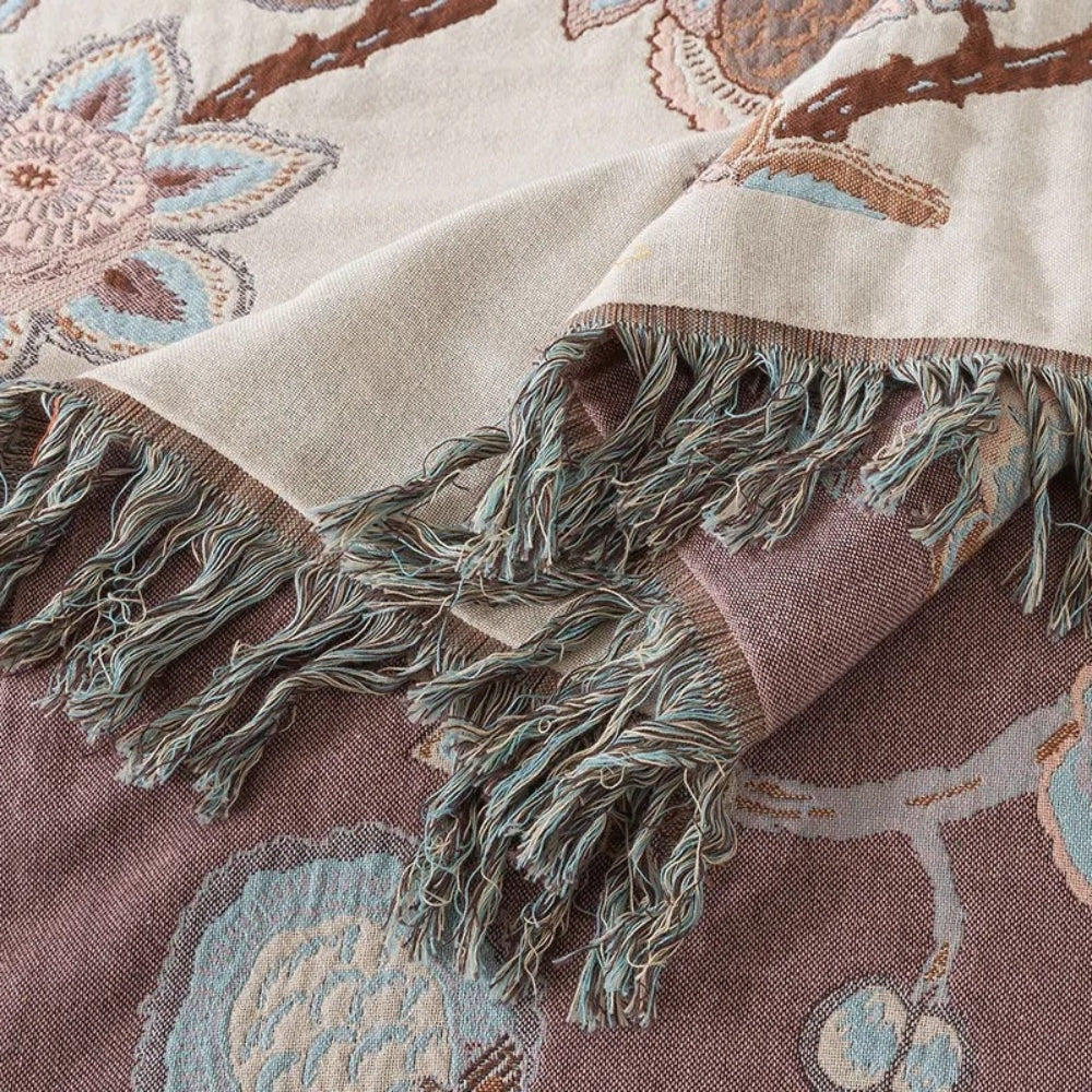 Orchid Path: Elegant Cotton Blanket with Jacquard Floral Pattern & Fringes – for Bedroom & Living Room