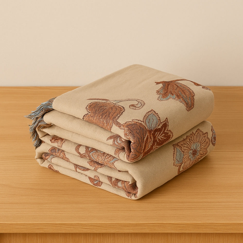 Orchid Path: Elegant Cotton Blanket with Jacquard Floral Pattern & Fringes – for Bedroom & Living Room