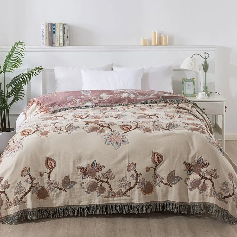 Orchid Path: Elegant Cotton Blanket with Jacquard Floral Pattern & Fringes – for Bedroom & Living Room