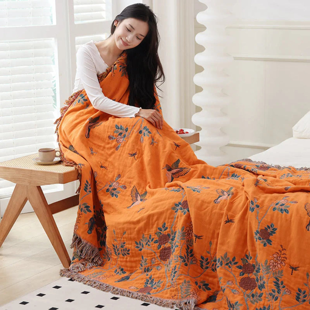Orna-Weaving Loom: Multi-layer Cotton Blanket with Jacquard Pattern & Tassel Edge – for Sofa & Bedroom