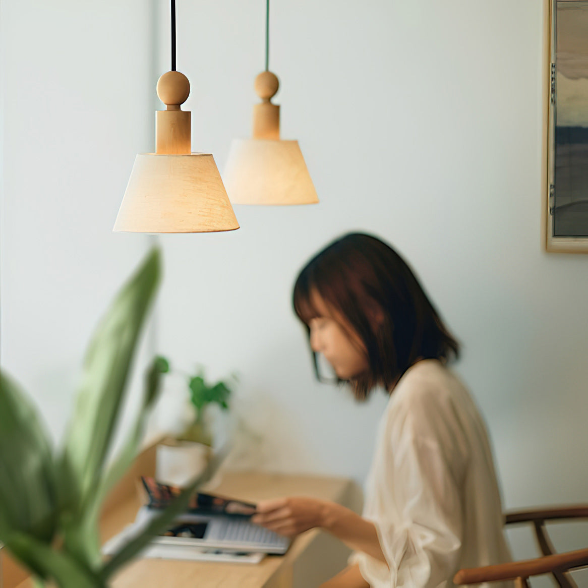Wood & Linen Drum Pendant Light