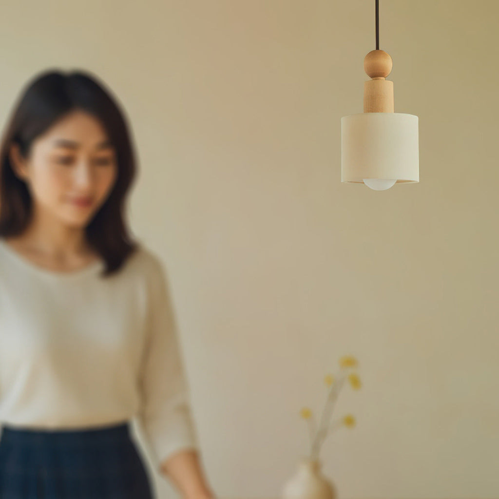 Wood & Linen Drum Pendant Light
