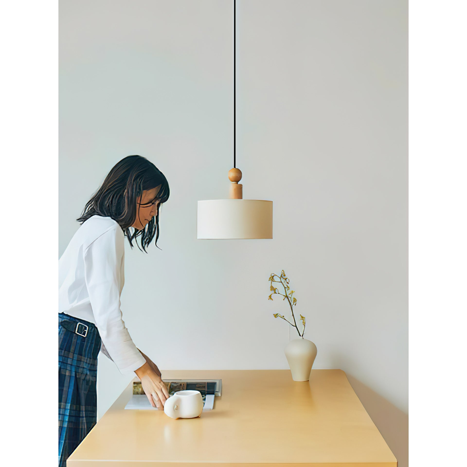 Wood & Linen Drum Pendant Light