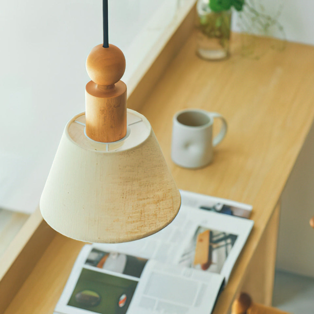 Wood & Linen Drum Pendant Light