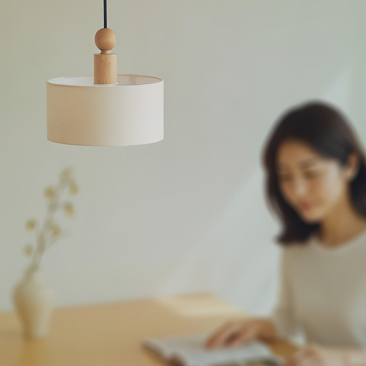 Wood & Linen Drum Pendant Light