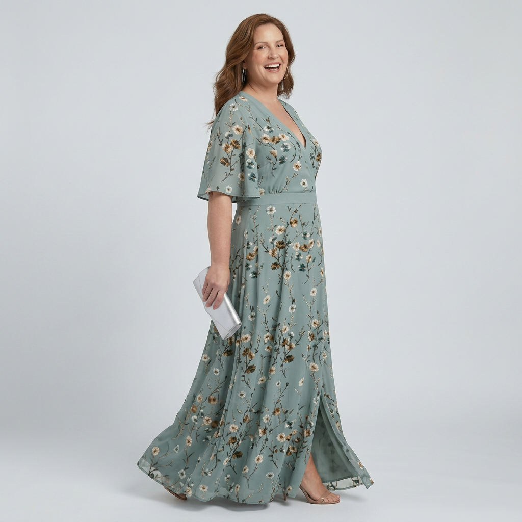 Elegant Maxi Dress for Women Wrap V-Neck Flutter-Sleeve — Sage Green