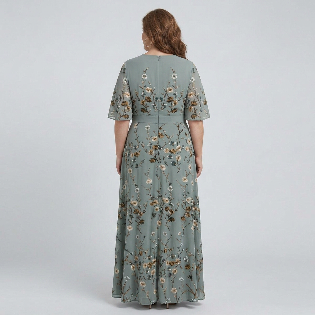 Elegant Maxi Dress for Women Wrap V-Neck Flutter-Sleeve — Sage Green