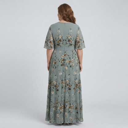 Elegant Maxi Dress for Women Wrap V-Neck Flutter-Sleeve — Sage Green