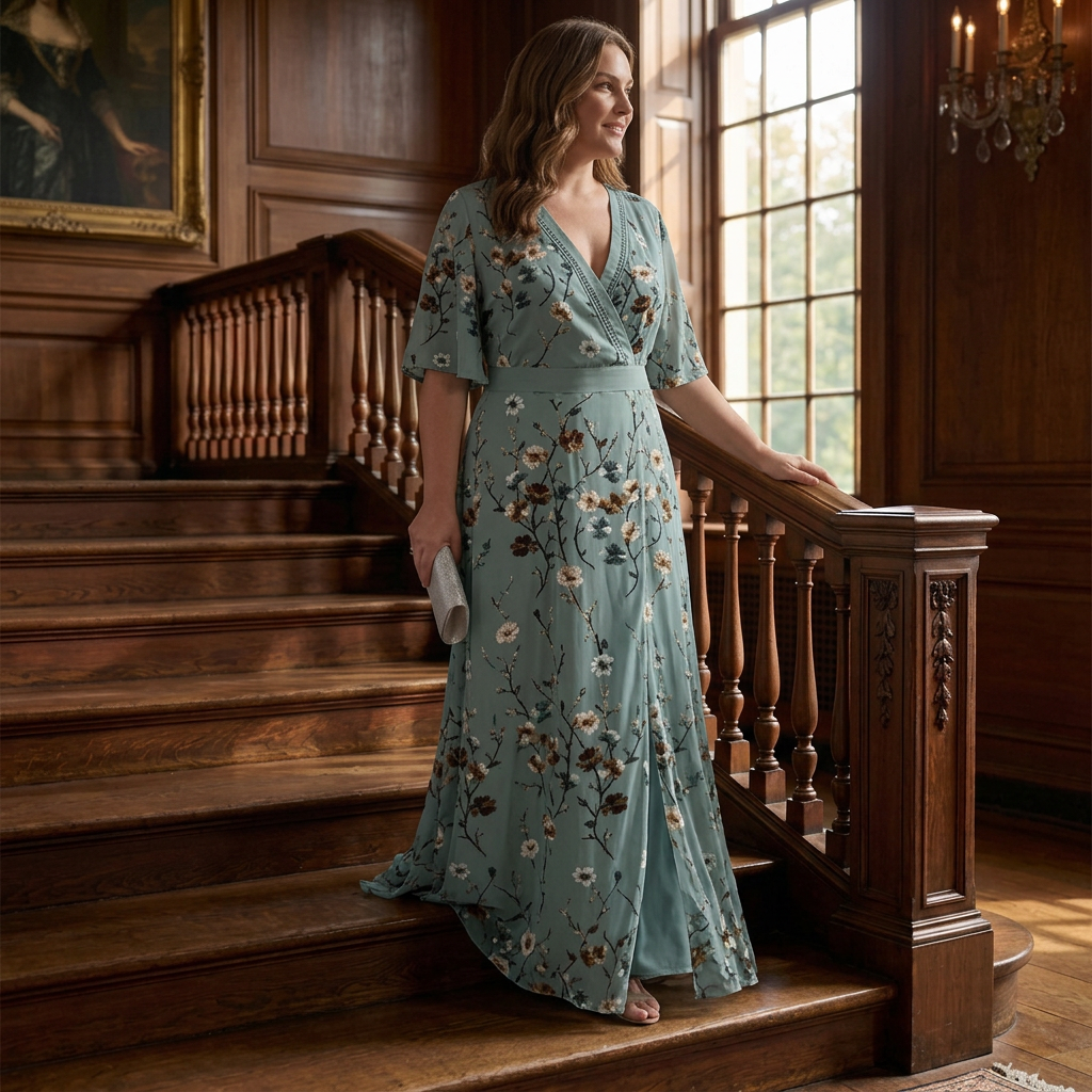 Elegant Maxi Dress for Women Wrap V-Neck Flutter-Sleeve — Sage Green
