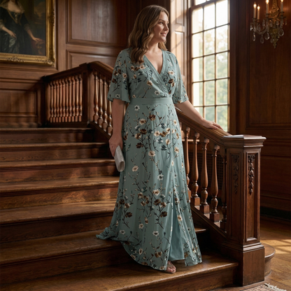 Elegant Maxi Dress for Women Wrap V-Neck Flutter-Sleeve — Sage Green