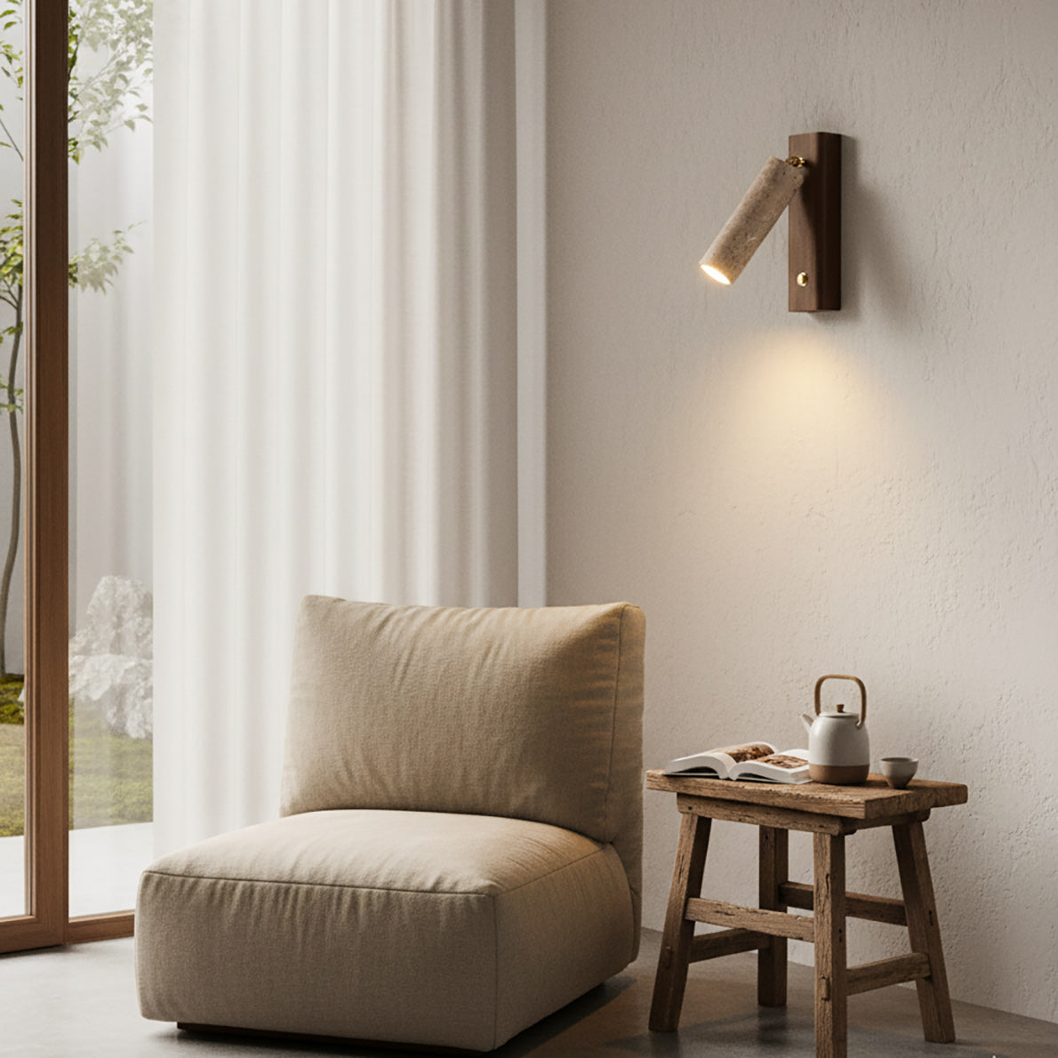 Travertine & Wood Rotatable Wall Lamp