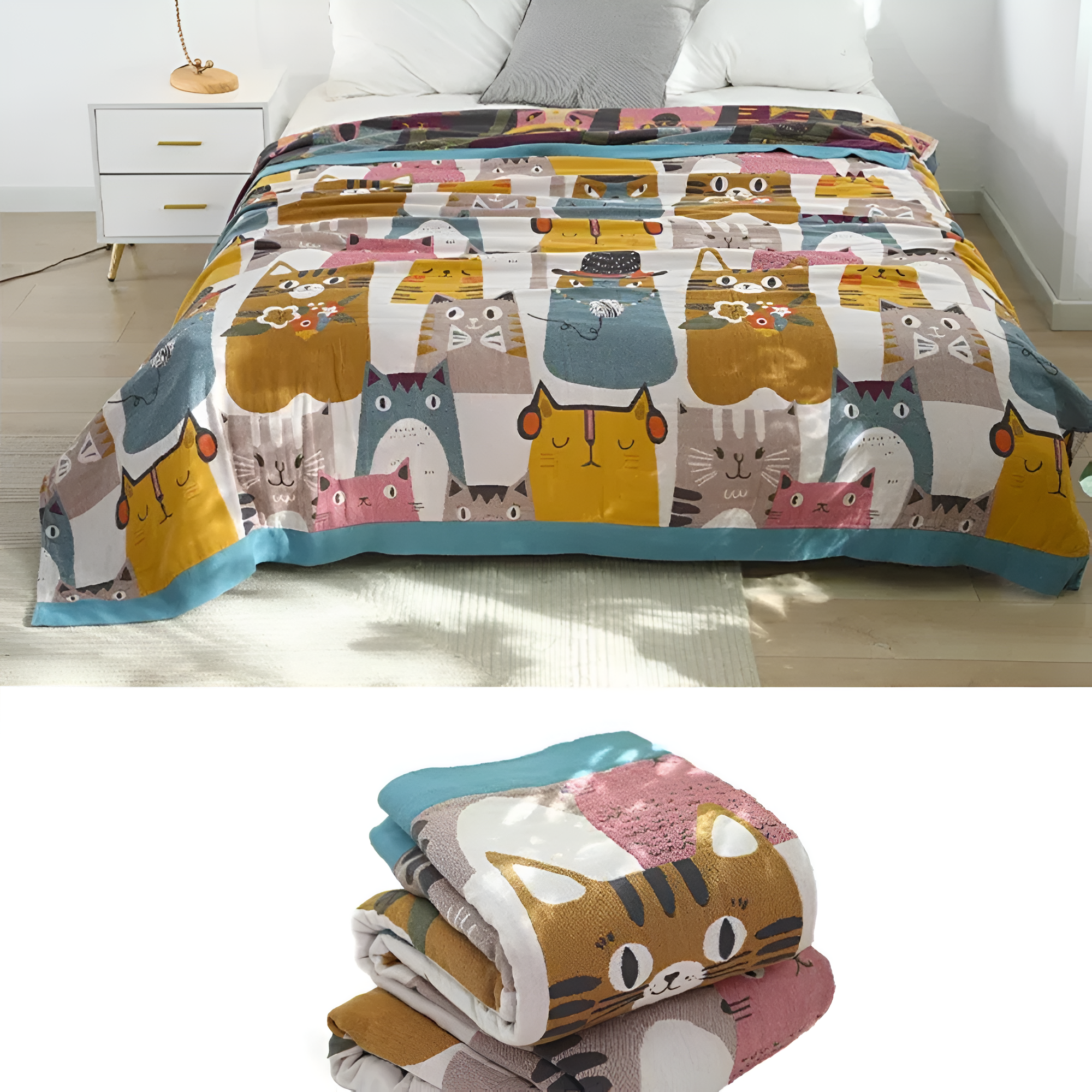 Paw Magic: Cotton Blankets with Loving Cat Design & Versatile Reversible Style – for Bedroom & Sofa