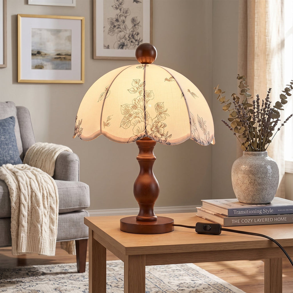 Scalloped Botanical Shade Wood Base Table Lamp