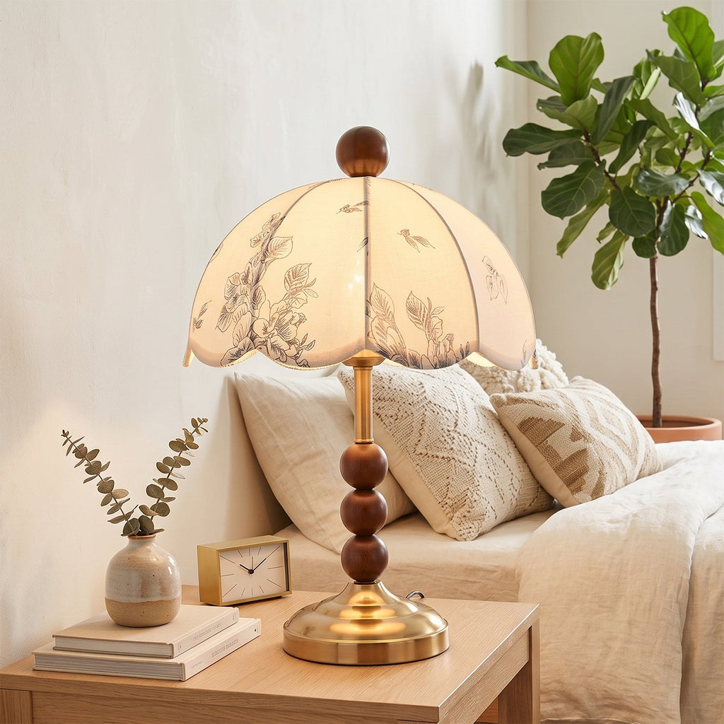 Scalloped Botanical Shade Wood Base Table Lamp