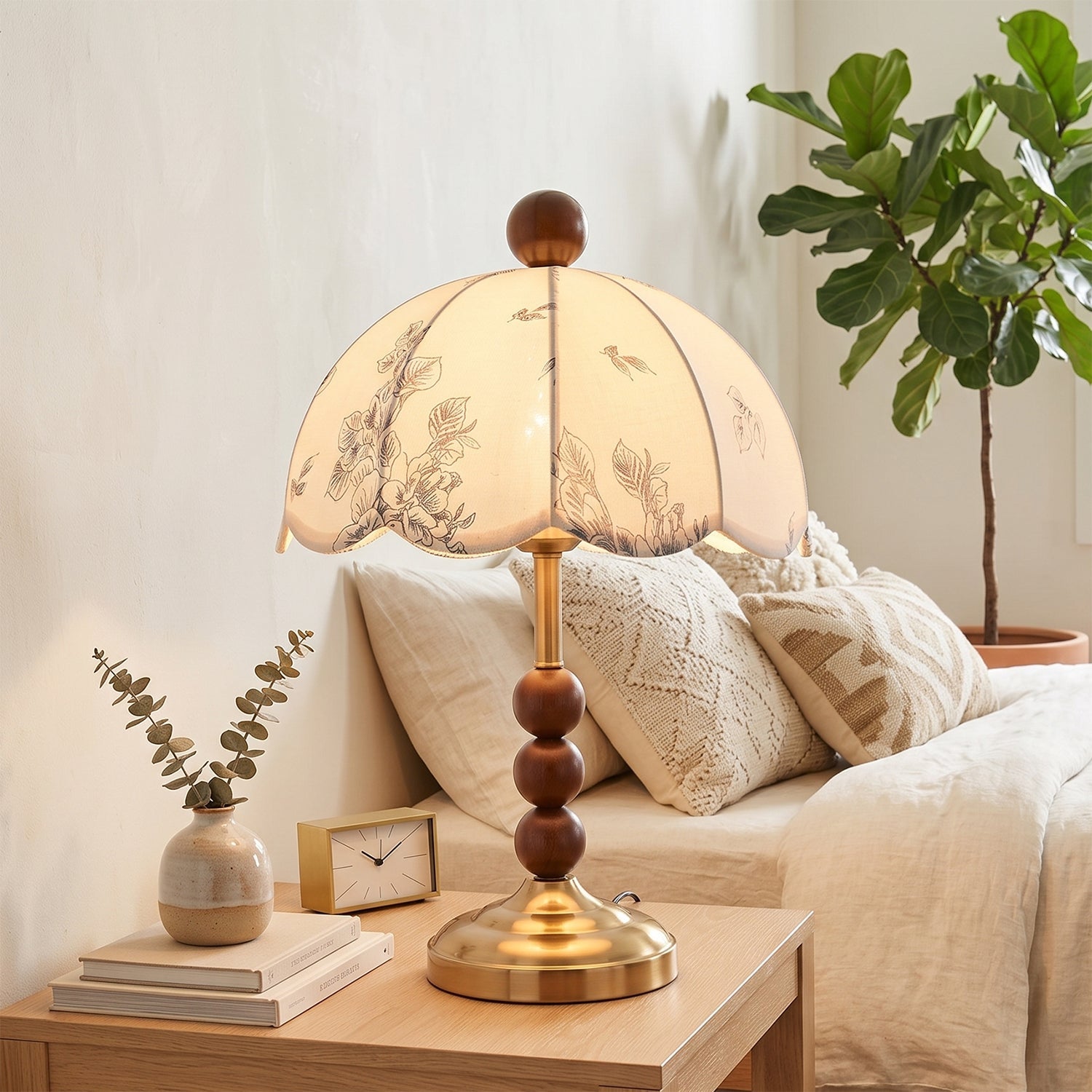 Scalloped Botanical Shade Wood Base Table Lamp