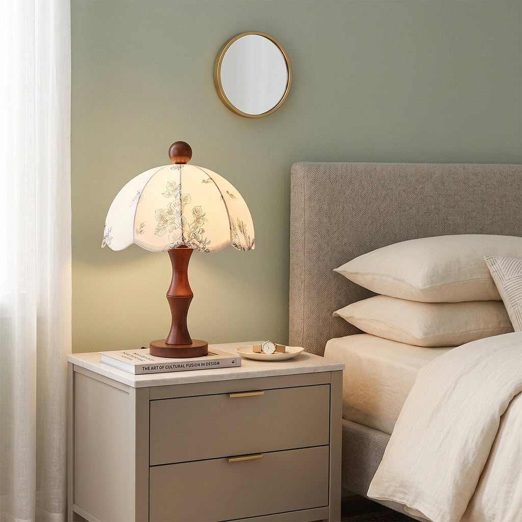 Scalloped Botanical Shade Wood Base Table Lamp