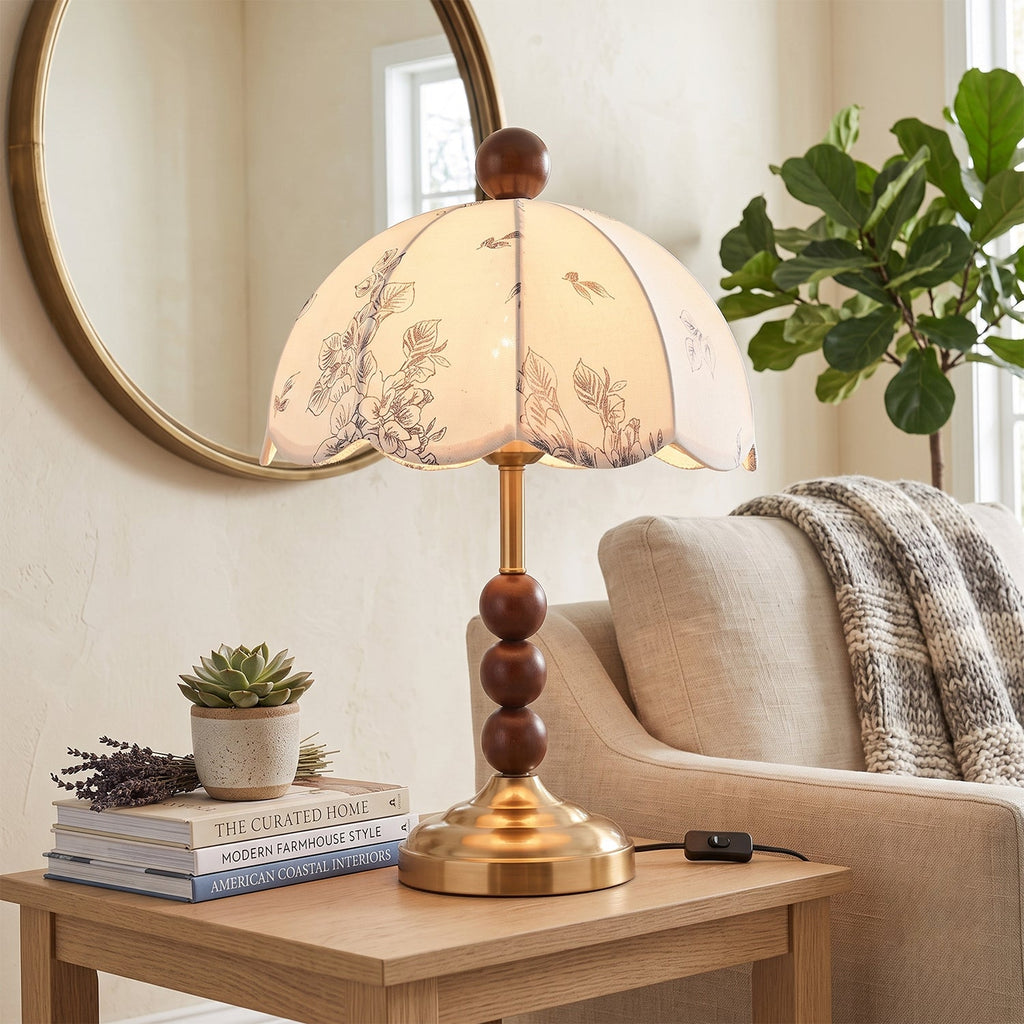 Scalloped Botanical Shade Wood Base Table Lamp
