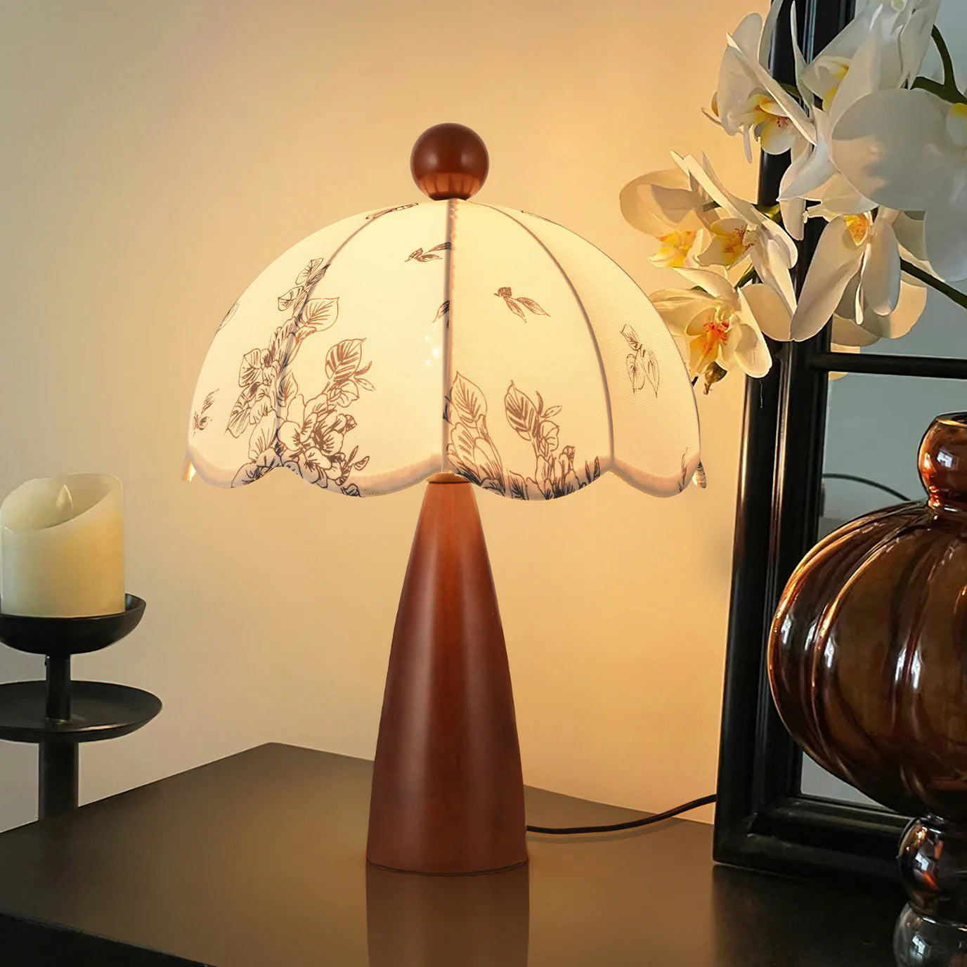 Scalloped Botanical Shade Wood Base Table Lamp