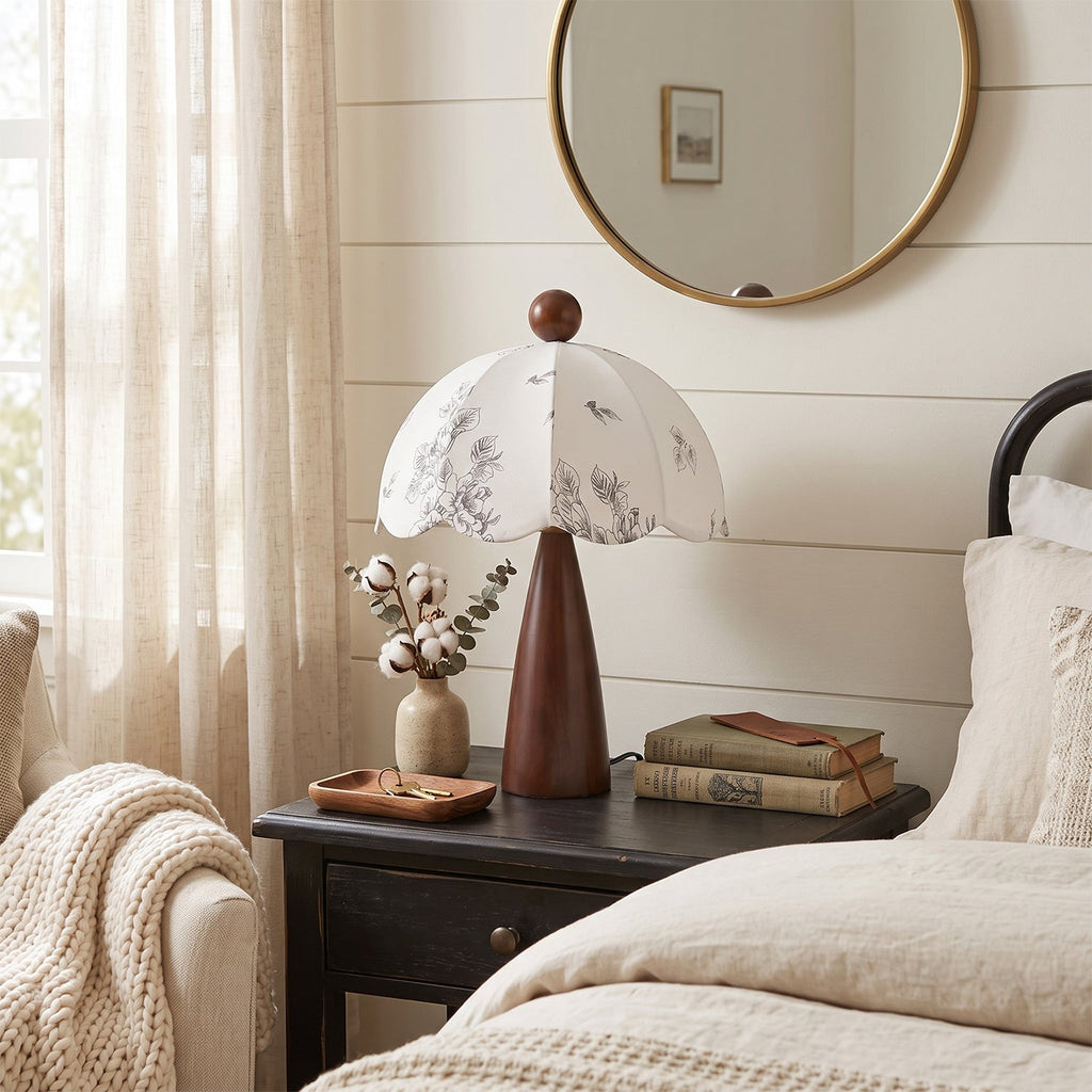 Scalloped Botanical Shade Wood Base Table Lamp