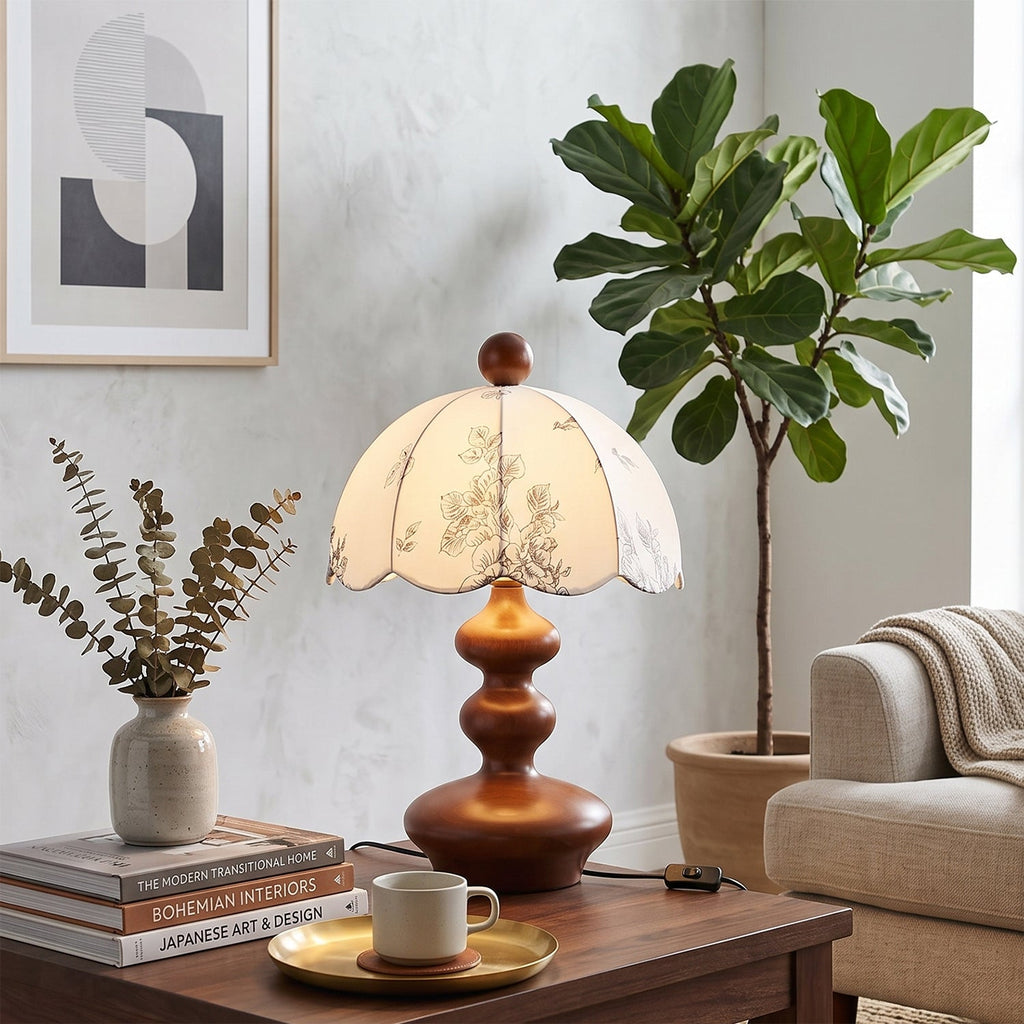 Scalloped Botanical Shade Wood Base Table Lamp