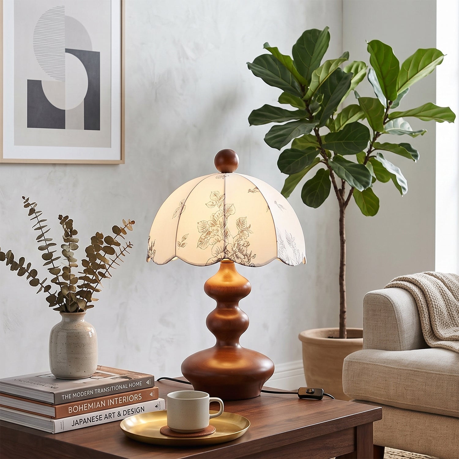 Scalloped Botanical Shade Wood Base Table Lamp