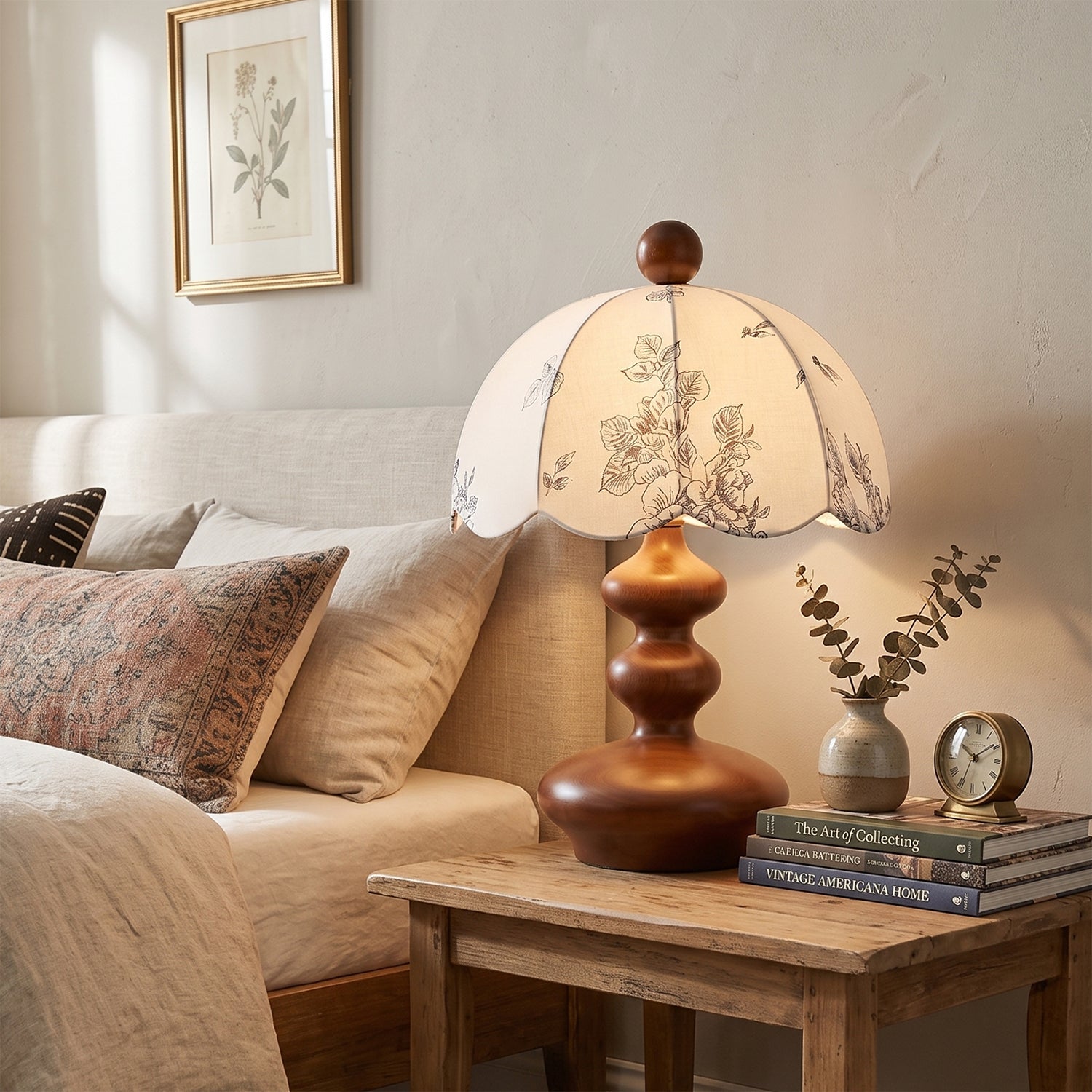 Scalloped Botanical Shade Wood Base Table Lamp