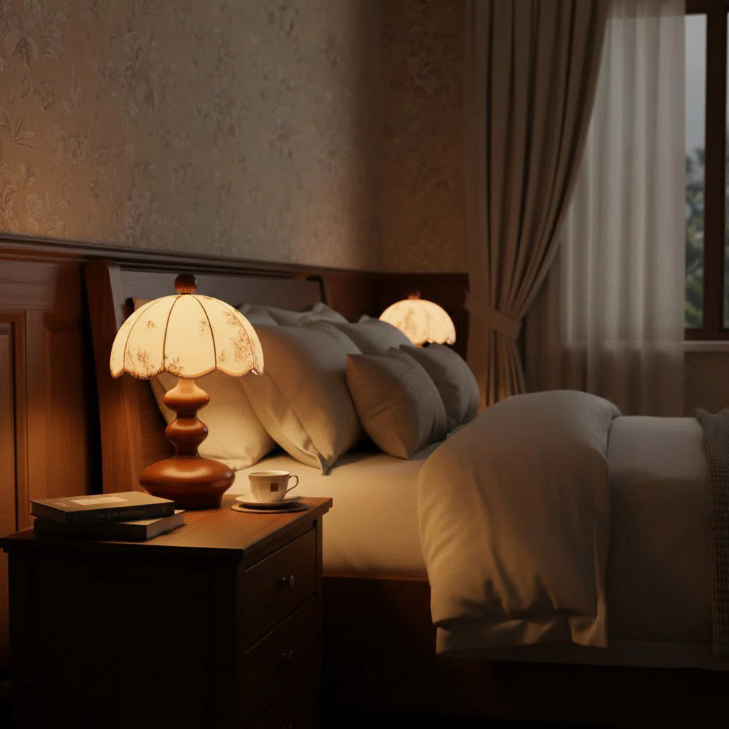 Scalloped Botanical Shade Wood Base Table Lamp