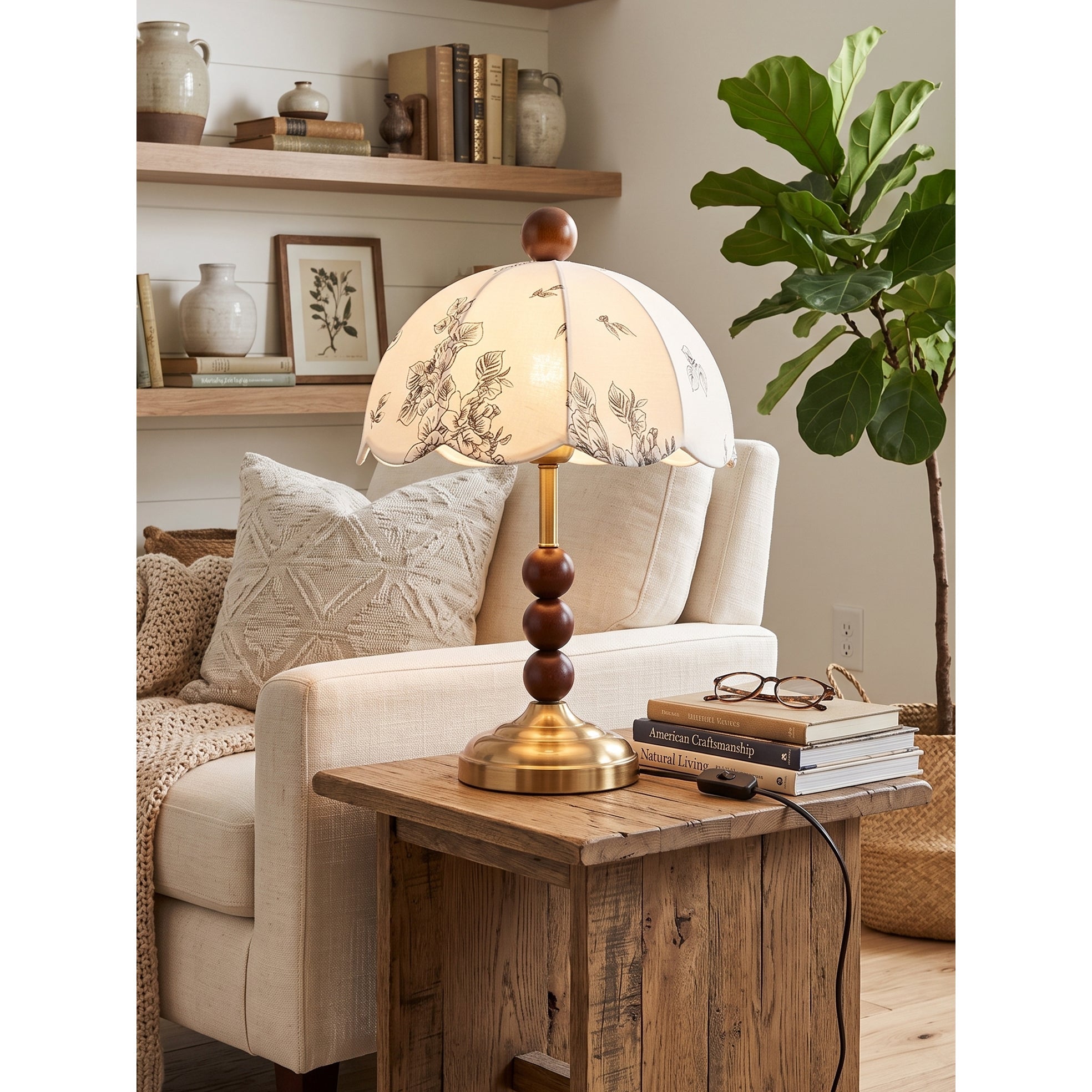 Scalloped Botanical Shade Wood Base Table Lamp