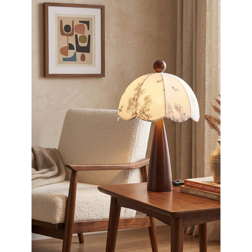 Scalloped Botanical Shade Wood Base Table Lamp