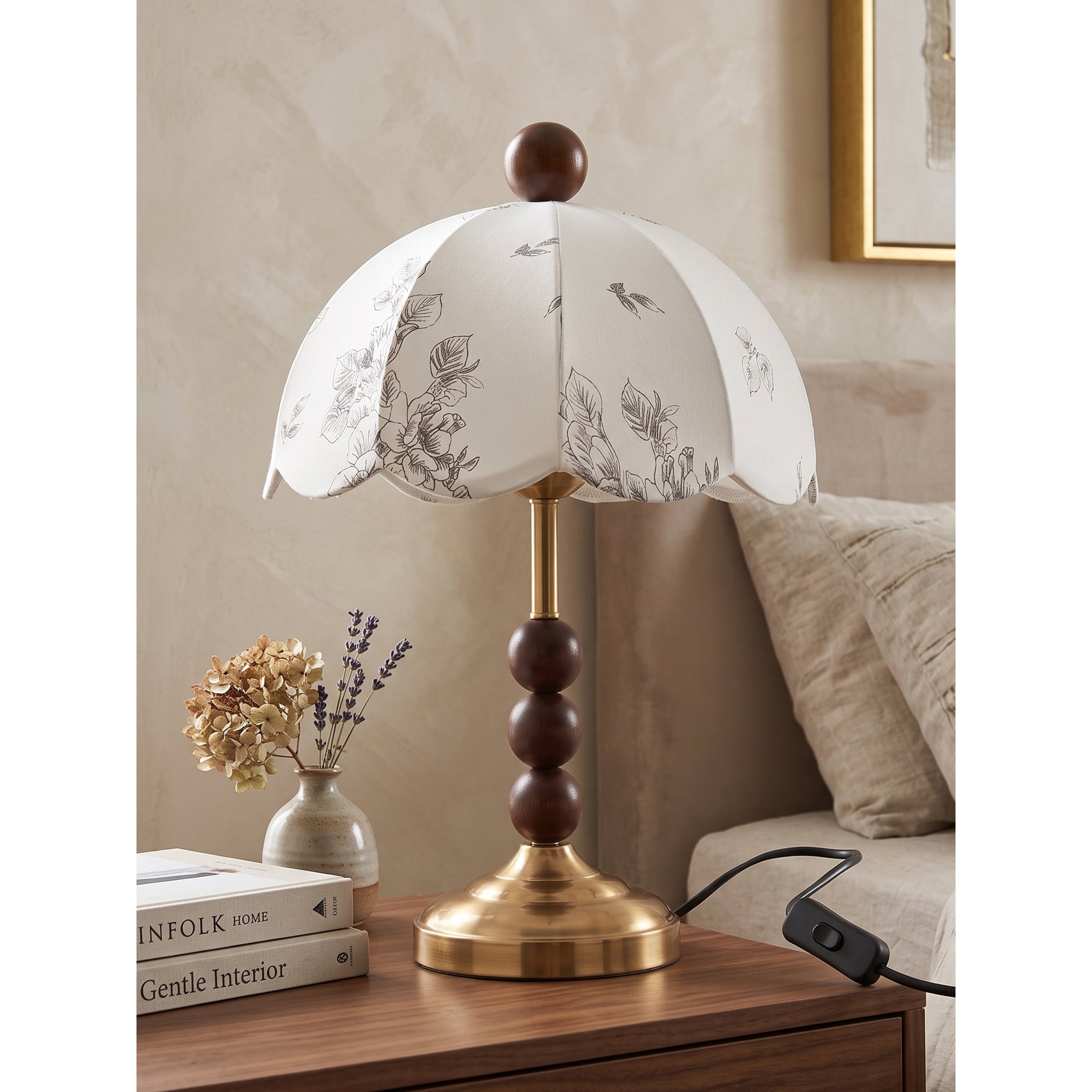 Scalloped Botanical Shade Wood Base Table Lamp